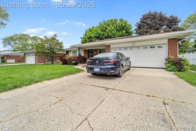 11233 Capri Dr, Warren, MI 48093 - view of front facade featuring brick siding, driveway, a front lawn, and an attached garage