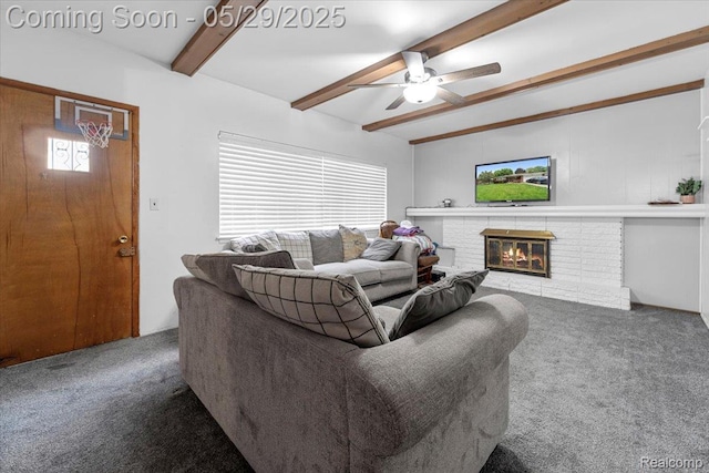 11233 Capri Dr, Warren, MI 48093 - living room with carpet, beamed ceiling, a fireplace, and a ceiling fan
