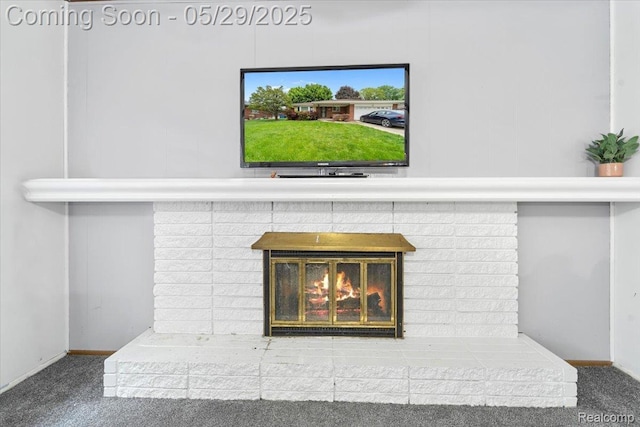 11233 Capri Dr, Warren, MI 48093 - detailed view of a fireplace, carpet flooring, and baseboards