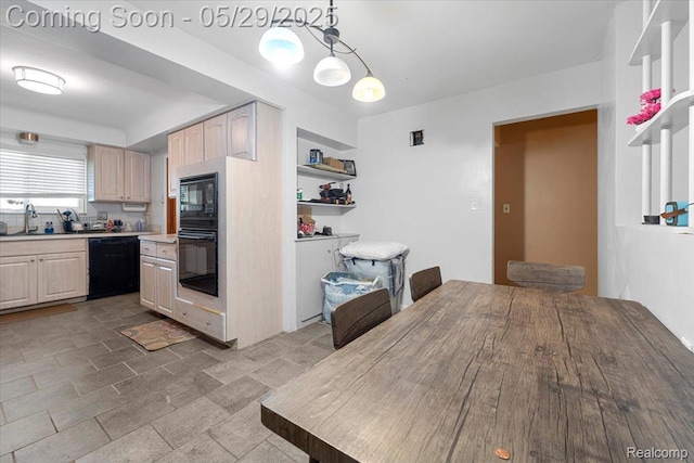 11233 Capri Dr, Warren, MI 48093 - kitchen featuring black appliances, light countertops, and decorative light fixtures