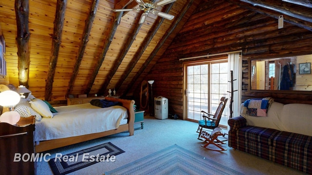 940 Wood River Rd, Grayling, MI 49738 - bedroom featuring wooden ceiling, log walls, and carpet