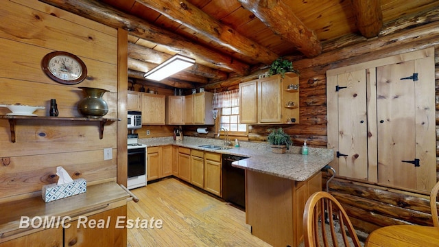 940 Wood River Rd, Grayling, MI 49738 - kitchen with dishwasher, white electric range oven, a sink, stainless steel microwave, and a peninsula