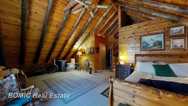 940 Wood River Rd, Grayling, MI 49738 - bedroom featuring carpet flooring, wooden walls, and wooden ceiling