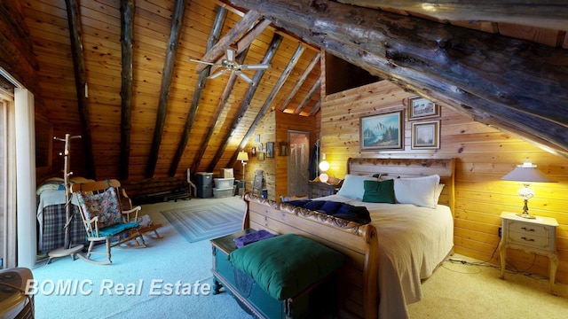 940 Wood River Rd, Grayling, MI 49738 - bedroom with carpet floors, wood walls, and wooden ceiling