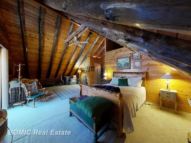 940 Wood River Rd, Grayling, MI 49738 - carpeted bedroom with wood walls and wooden ceiling