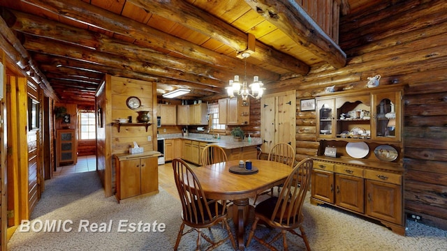940 Wood River Rd, Grayling, MI 49738 - dining area with beam ceiling, wood ceiling, light carpet, log walls, and a chandelier
