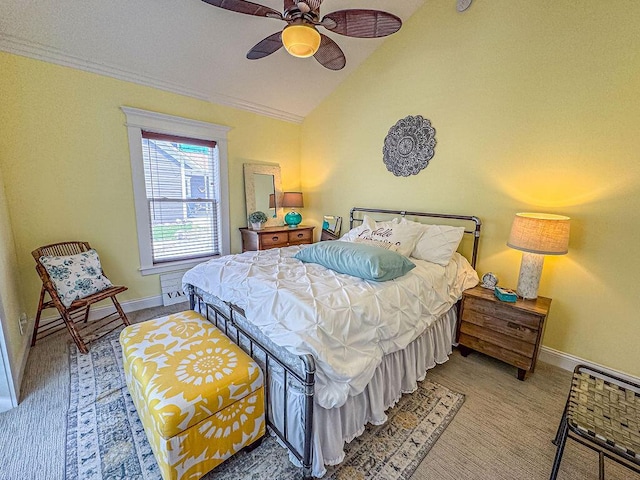 bedroom with vaulted ceiling, baseboards, ceiling fan, and crown molding