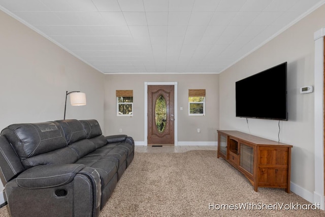 living room with ornamental molding, baseboards, and light carpet