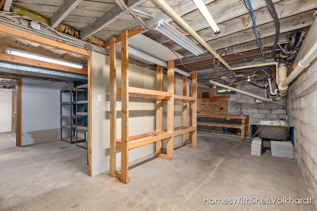unfinished below grade area featuring concrete block wall