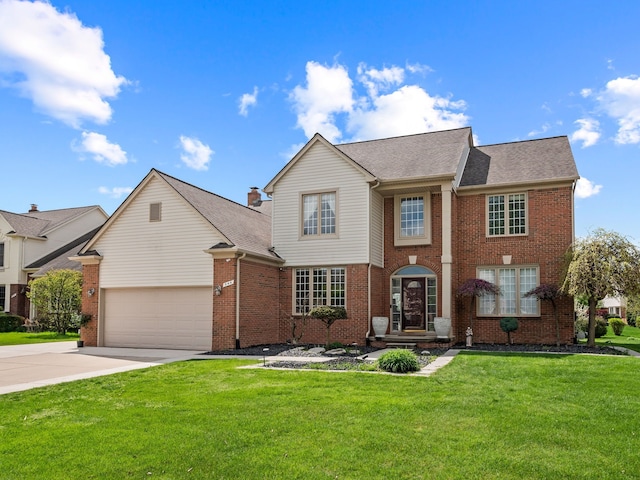 view of front of house featuring brick siding, concrete driveway, a front lawn, a garage, and roof with shingles