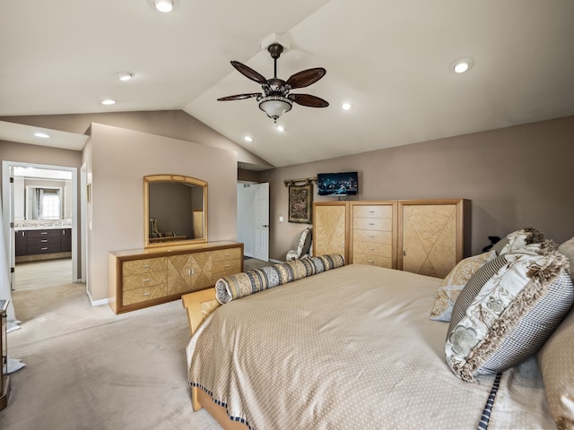 bedroom with light carpet, vaulted ceiling, recessed lighting, ceiling fan, and baseboards