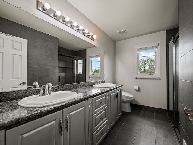 bathroom featuring toilet, double vanity, a shower stall, and healthy amount of natural light