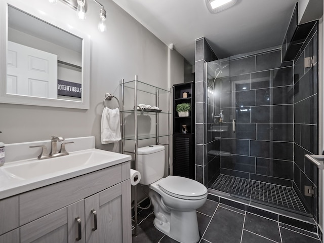 full bath featuring a shower stall, toilet, tile patterned floors, and vanity