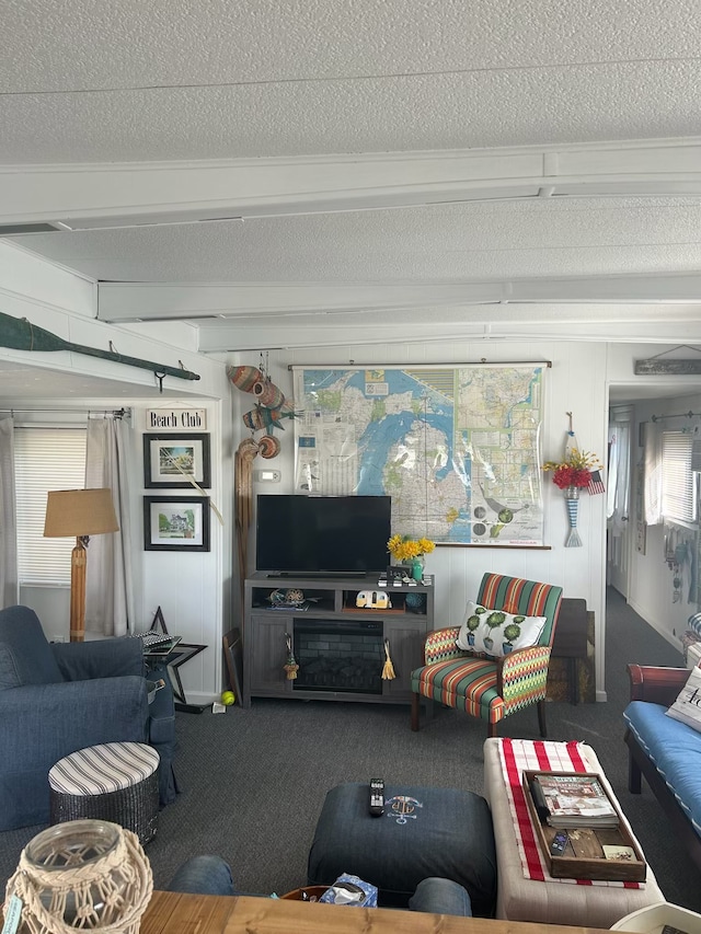 living room featuring carpet and a textured ceiling