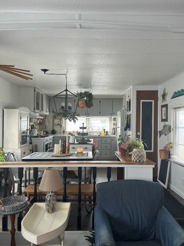 kitchen featuring healthy amount of natural light, gray cabinets, and gas range gas stove