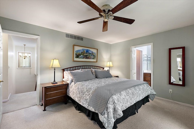 25455 Buckminster Dr, Novi, MI 48375 - bedroom featuring light carpet, a chandelier, baseboards, a ceiling fan, and ensuite bathroom