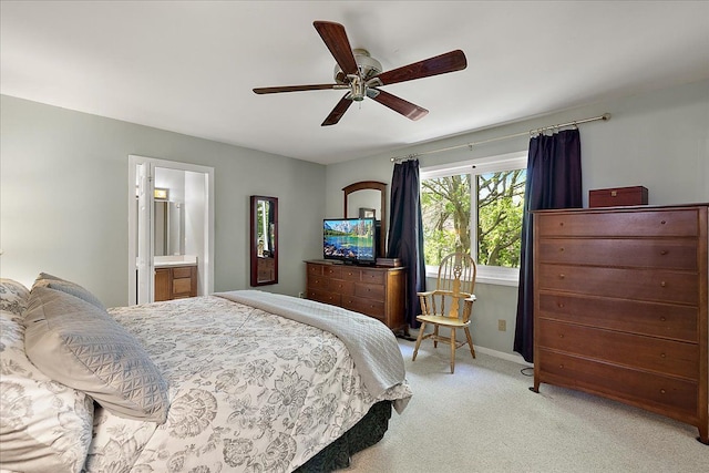 25455 Buckminster Dr, Novi, MI 48375 - bedroom featuring light carpet, a ceiling fan, baseboards, and ensuite bathroom