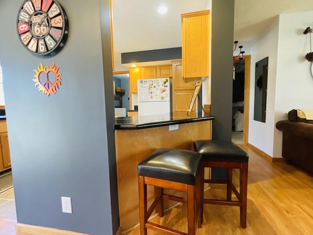 9612 Clubhouse Dr W, Canadian Lakes, MI 49346 - kitchen with freestanding refrigerator, electric panel, a breakfast bar, light wood finished floors, and baseboards