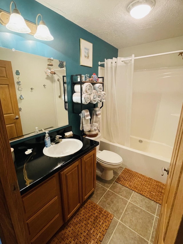 9612 Clubhouse Dr W, Canadian Lakes, MI 49346 - full bathroom with a textured ceiling, shower / bath combination with curtain, toilet, vanity, and tile patterned flooring
