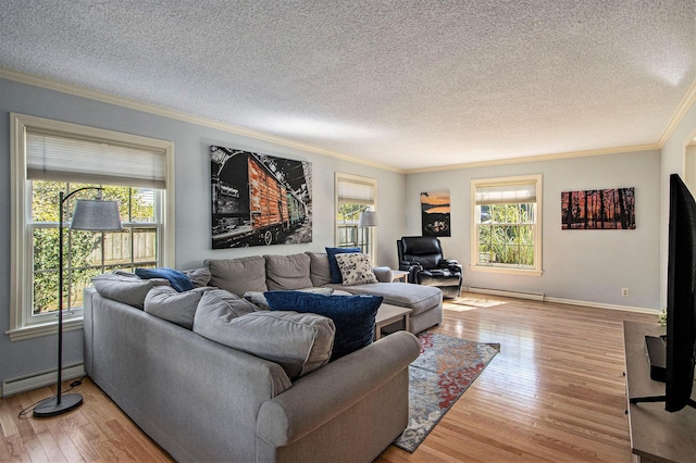 2021 Skyler Dr, Kalamazoo, MI 49008 - living room featuring crown molding, a baseboard radiator, a textured ceiling, wood finished floors, and baseboards