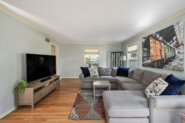 2021 Skyler Dr, Kalamazoo, MI 49008 - living room with light wood-type flooring, ornamental molding, a textured ceiling, and baseboards