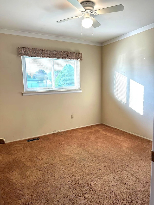 carpeted spare room with ornamental molding, ceiling fan, and baseboards