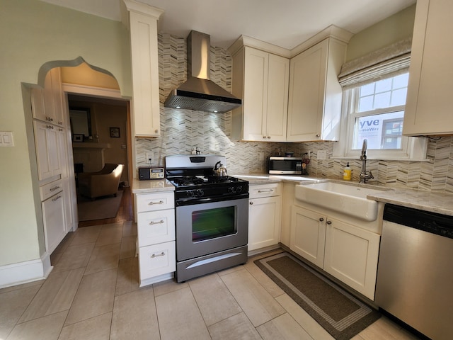 2414 Yale Ave, Royal Oak, MI 48067 - kitchen with stainless steel appliances, wall chimney exhaust hood, a sink, and backsplash