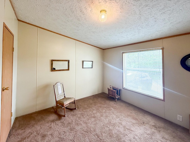 unfurnished room featuring ornamental molding, carpet, and a textured ceiling