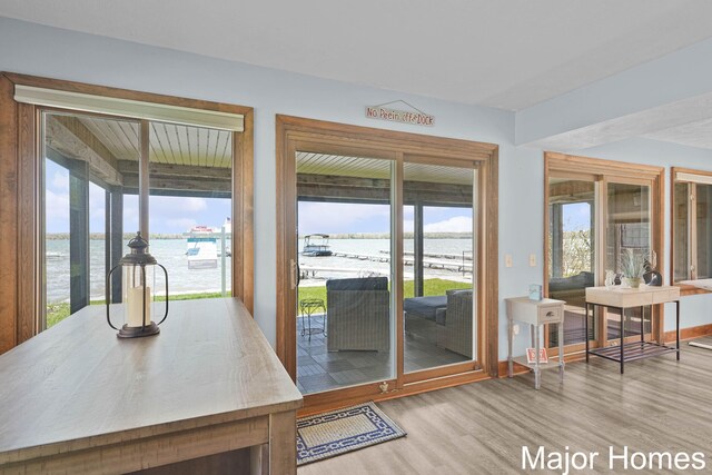 entryway featuring wood finished floors and a water view