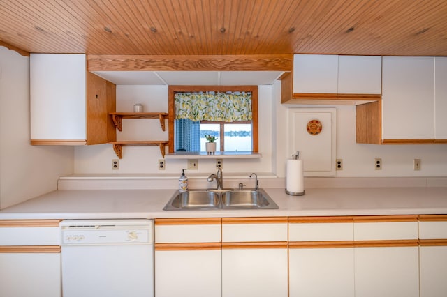 10401 N Chippewa Dr, Evart, MI 49631 - kitchen with dishwasher, a sink, light countertops, white cabinetry, and wood ceiling