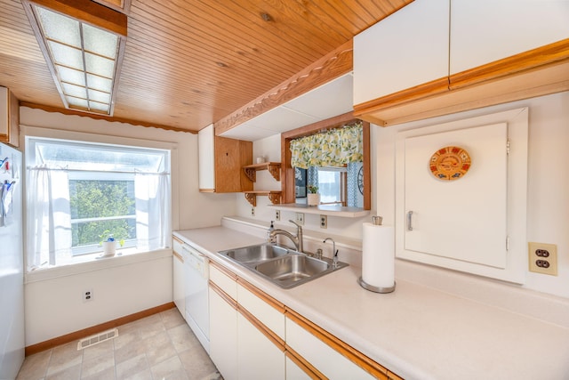10401 N Chippewa Dr, Evart, MI 49631 - kitchen with a sink, baseboards, white cabinetry, white appliances, and light countertops