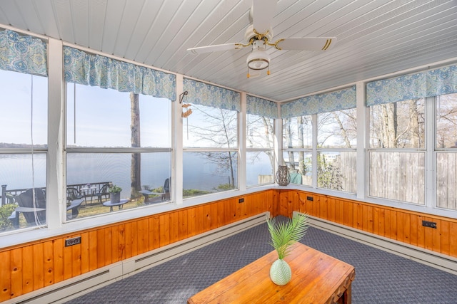 10401 N Chippewa Dr, Evart, MI 49631 - unfurnished sunroom with a baseboard radiator, a water view, baseboard heating, wooden walls, and carpet