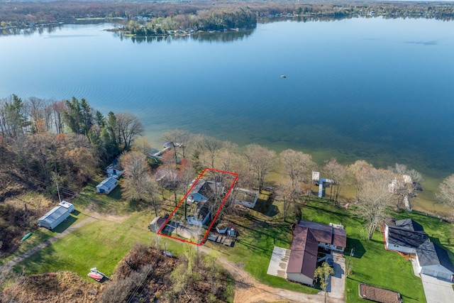 10401 N Chippewa Dr, Evart, MI 49631 - aerial view of property and surrounding area with property parcel outlined, a nearby body of water, and a forest