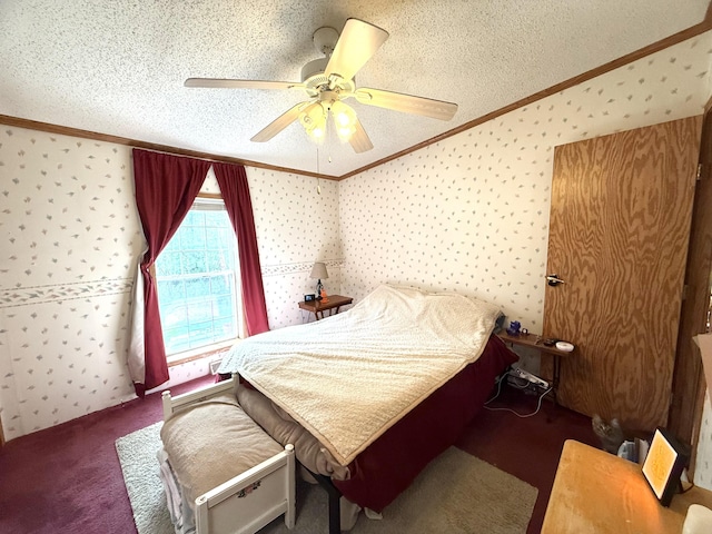 bedroom with ornamental molding, a textured ceiling, ceiling fan, carpet floors, and wallpapered walls