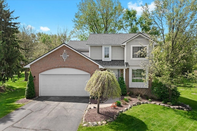 3645 Sandbar Dr, Commerce Twp, MI 48382 - traditional-style house featuring brick siding, a front lawn, a garage, driveway, and a shingled roof
