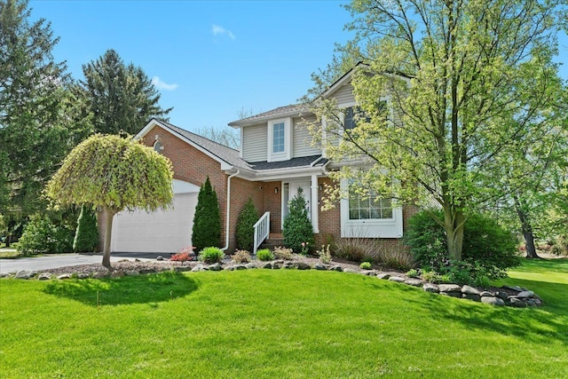 3645 Sandbar Dr, Commerce Twp, MI 48382 - traditional-style home featuring brick siding, an attached garage, a front lawn, and asphalt driveway