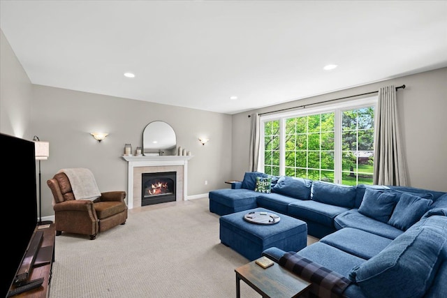 3645 Sandbar Dr, Commerce Twp, MI 48382 - carpeted living room featuring a fireplace, recessed lighting, and baseboards