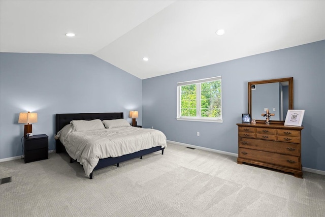 3645 Sandbar Dr, Commerce Twp, MI 48382 - bedroom featuring light colored carpet, baseboards, vaulted ceiling, and recessed lighting