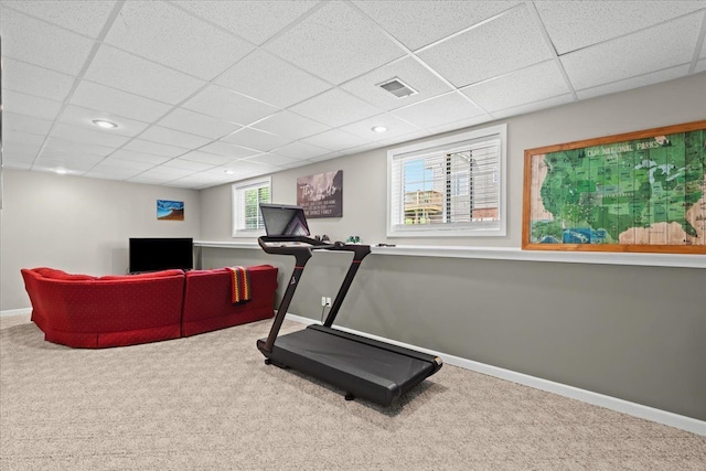 3645 Sandbar Dr, Commerce Twp, MI 48382 - exercise room featuring carpet flooring, a drop ceiling, baseboards, and recessed lighting