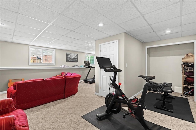 3645 Sandbar Dr, Commerce Twp, MI 48382 - exercise area featuring carpet flooring, a paneled ceiling, recessed lighting, and baseboards
