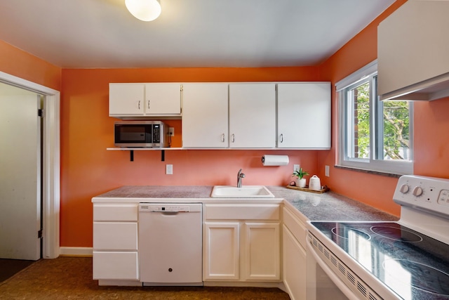 9917 Middlebelt Rd, Livonia, MI 48150 - kitchen featuring white appliances, a sink, white cabinets, and tile countertops