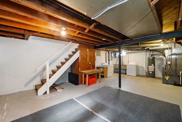 9917 Middlebelt Rd, Livonia, MI 48150 - unfinished below grade area with washer / dryer, water heater, heating unit, and stairway