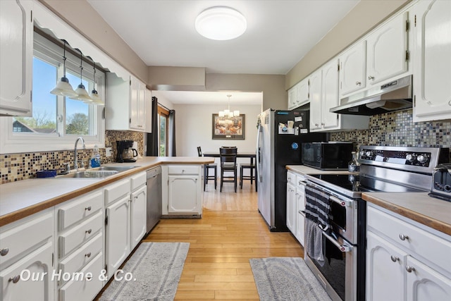 kitchen with stainless steel appliances, under cabinet range hood, white cabinets, and backsplash