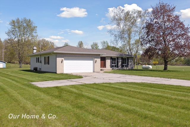 ranch-style house with driveway, brick siding, a front lawn, and an attached garage