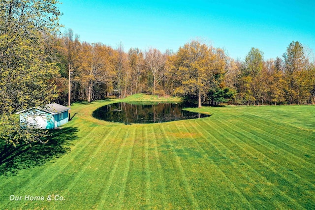 view of green lawn featuring a water view