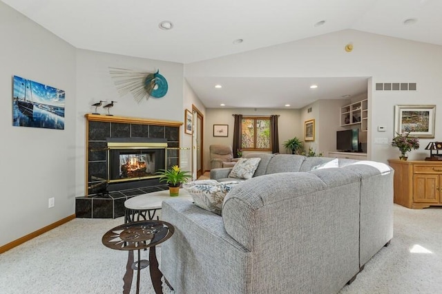 10059 Weko Dr, Bridgman, MI 49106 - living room featuring a fireplace, vaulted ceiling, recessed lighting, and baseboards