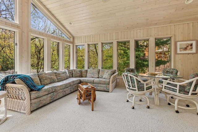 10059 Weko Dr, Bridgman, MI 49106 - sunroom with carpet floors, wooden walls, high vaulted ceiling, and wood ceiling