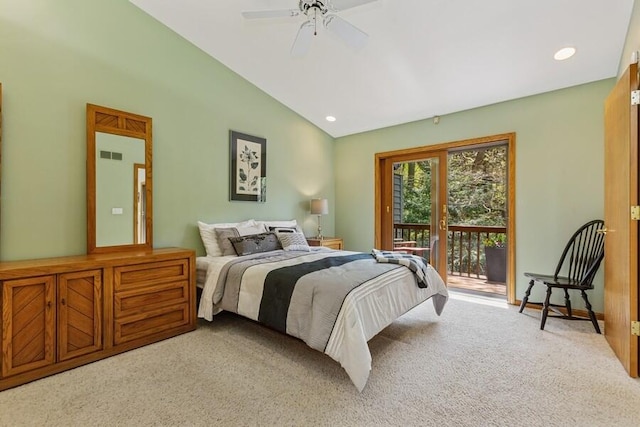 10059 Weko Dr, Bridgman, MI 49106 - bedroom with lofted ceiling, access to outside, light carpet, a ceiling fan, and recessed lighting
