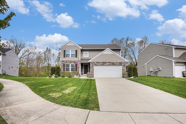 754 Autumn Valley Dr, Ortonville, MI 48462 - craftsman inspired home with stone siding, driveway, a front yard, and board and batten siding