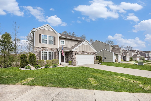 754 Autumn Valley Dr, Ortonville, MI 48462 - view of front of house with stone siding, driveway, a front lawn, a garage, and board and batten siding